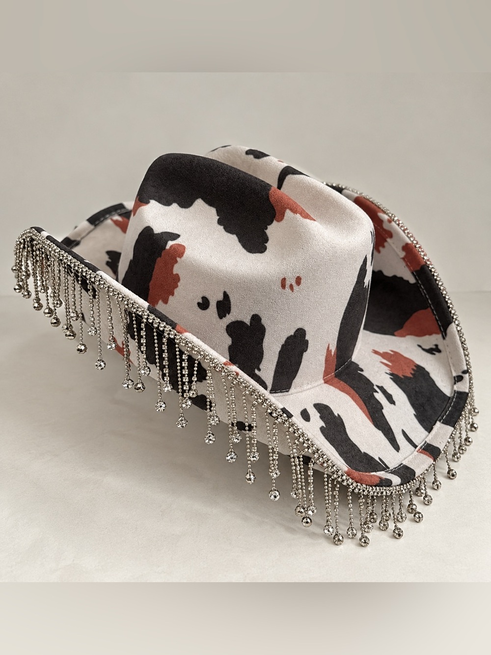 Patterned Beaded Fringe Cowboy Hat in Black, Cream & Brown